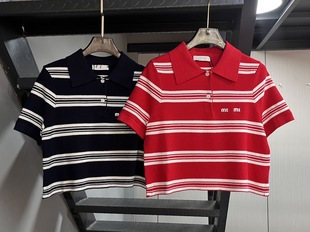 MIUMIU полосатая та же ткань 220G хлопок ретро женская рубашка POLO нижняя футболка трикотажная ткань