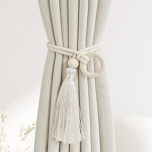Cross-border new cotton rope wooden beads curtain strap non-perforated mobile universal curtain decorative accessories binding rope wholesale