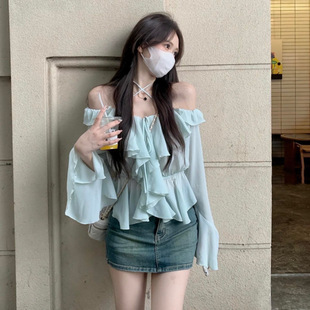 2025 Spring New Arrival Shoulder Top Short Shirt Women's Little French Ruffled Strap Long Sleeve Top
