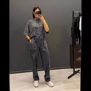Vintage Old Wash Water Short Short-sleeved T-shirt Straight High Waist Long Casual Pants suit Women's High-end Summer