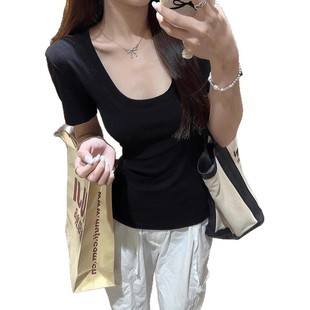 2025 [Guangzhou fabric 240g 95% cotton + 5% spandex cotton stand] slim slim shoulder U-shaped collar short