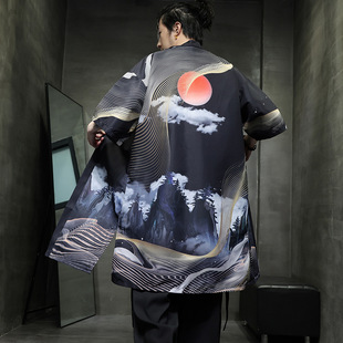 2024 Summer New Chinese Style Men's Retro Fashionable Printed Hanfu Cardigan Japanese Style plus size Robe Cloak for Men