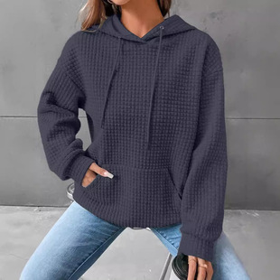 2024 autumn and winter Amazon European and American women's cross-border new waffle round neck long sleeve sweater solid color top women