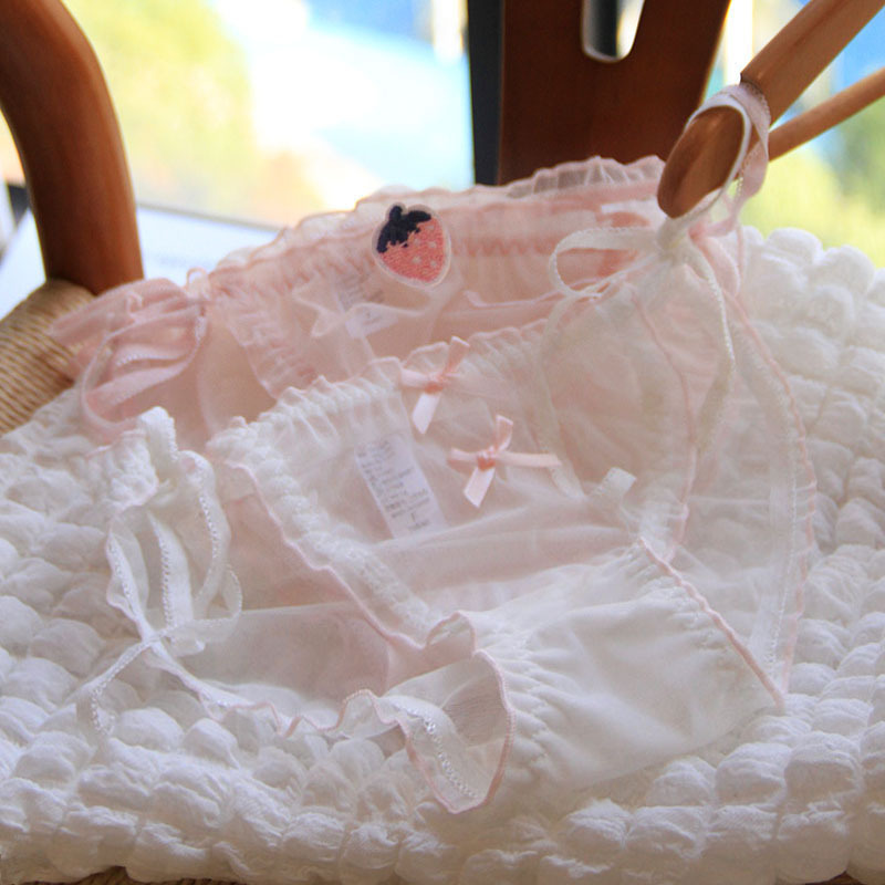 Women's 60-180 lbs! Tie-up panties, the straps can be untied, mesh, slightly sheer lace, sweet and cute strawberry style C059