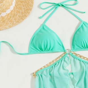 2025 European and American swimsuit three-piece metal chain foreign trade solid color bikini female bikini Amazon AliExpress