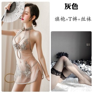 Sexy Pajamas Underwear Lace Slit Uniform Mesh Women Perspective Classical Embroidered Cheongsam Passion Backless suit