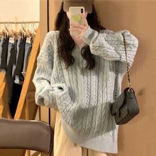 Autumn and Winter Twist Pullover V-Neck Sweater Women's 2024 New Lazy Style Soft Waxy Loose Knitted Shirt Jacket