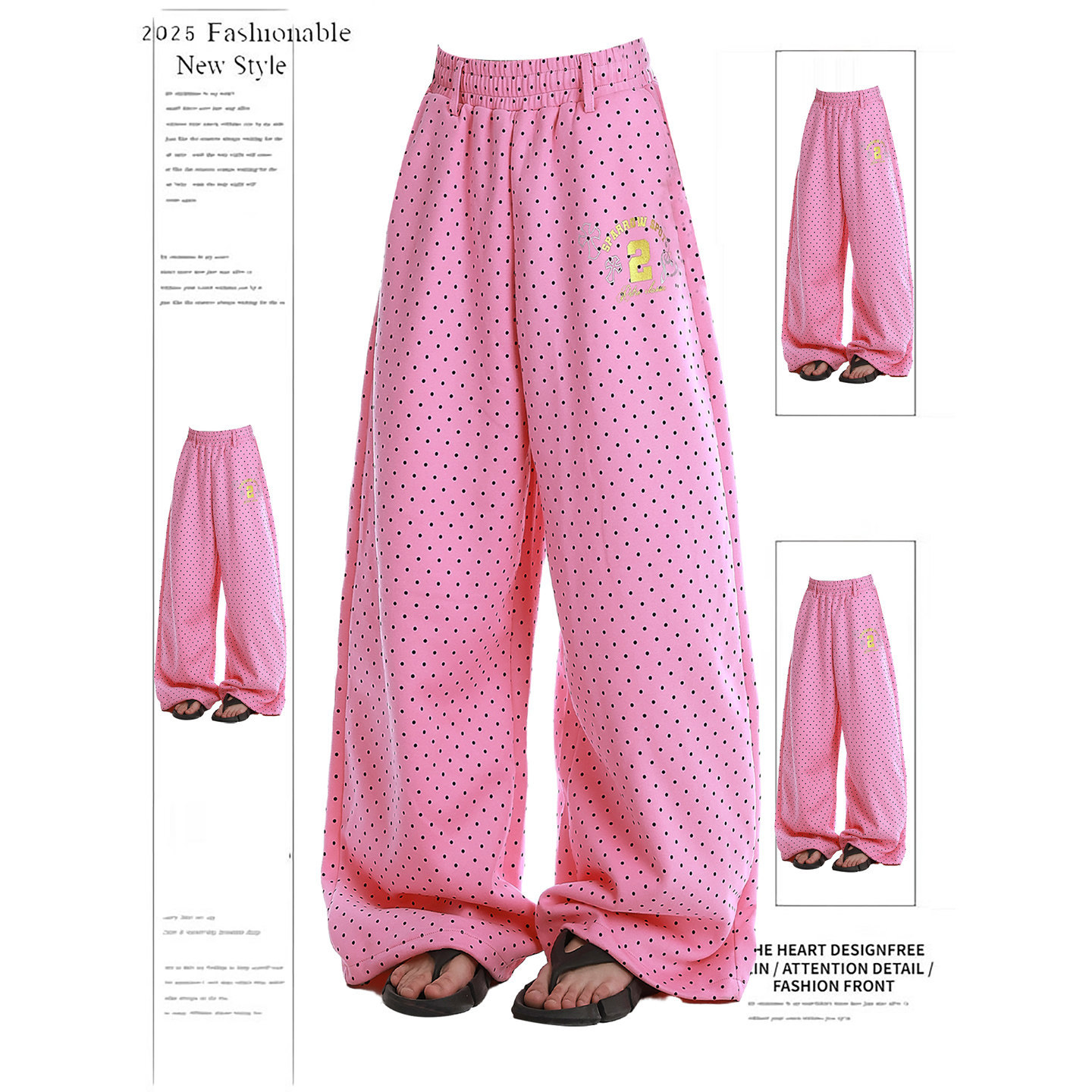 Dopamine-Style Pink Polka Dot All-Over Print Sweatpants for Women, New Korean Style, Lazy Drape, Sporty Casual Pants