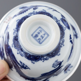 Antique blue and white porcelain in-glaze ceramic teacup master cup hand-held tea cup handmade silver-plated teacup