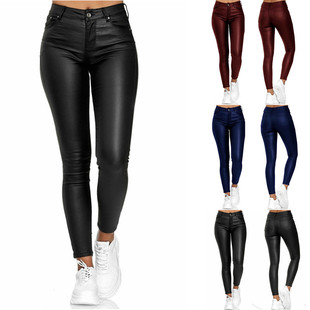 2023 cross-border European and American Amazon wish high waist PU leather pants solid color leather casual pants skinny pants foreign trade trousers