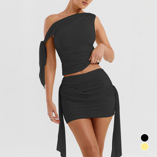 Cross-border Hot-selling Women's Fashion Casual Two-piece Suit 2024 European and American Sexy Pleated Slim-fit Short Skirt Mesh Stitching