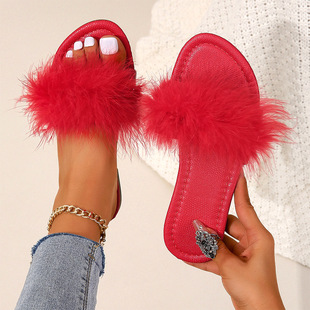 Artificial PU material can be worn flat sandals and slippers women's logo round head red fluffy viscose shoes