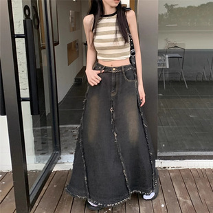 Black Denim Skirt Long Skirt Women's 2025 Spring and Autumn New Versatile A- shaped Thin Skirt Skirt