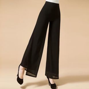 YXBB summer new double-layer chiffon wide-leg pants women's trousers high waist draping split straight pants all-match square dance