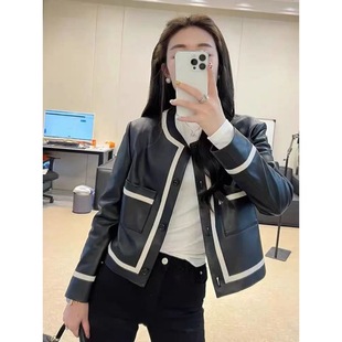 Early Autumn new leather coat women's short Chanel style coat loose Korean style PU motorcycle clothing contrast color all-match fashion jacket