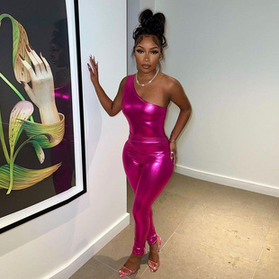 European and American Style 2023 Summer Women's Sexy Bright Shoulder Top Jumpsuit High Waist Hip Trousers Suit for Women