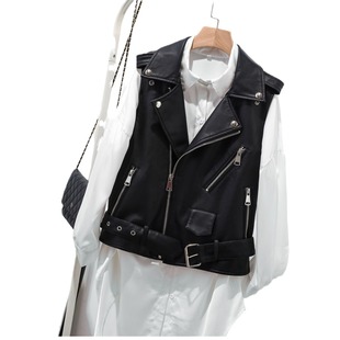 2024 Spring and Autumn New Women's Leather Vest Short Sleeveless Korean PU Waistband Small Belt Leather Coat Women's Vest