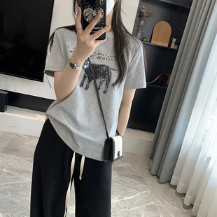 2025 Summer Nail Bead Collar Cute Dog Printed T-shirt 2025 Summer New Round Neck White Short Sleeve tee Inner