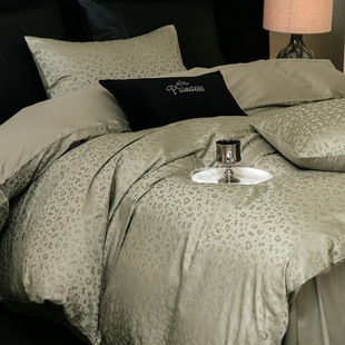 100 Cotton Satin Jacquard Four-piece Simple High-end Bedding Bed Sheet Quilt Cover Green Kit