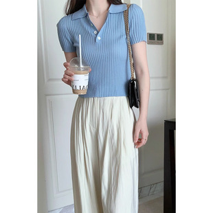 Hibiscus Summer Sweet Korean Polo Collar Threaded Short Slim-fit Short-sleeve Thin Breathable Wool Blended Knit
