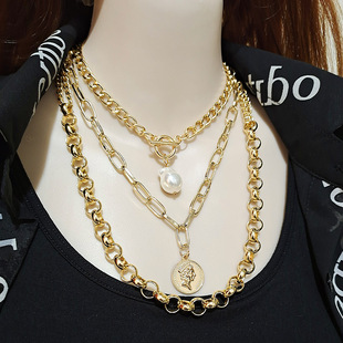 European and American Cross-border AliExpress Hot Selling Simple Multi-layer Metal Chain Imitation Baroque Pearl Metal Pendant Necklace for Women