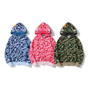 Bape прилив акула голова камуфляжная затенение двойная шляпа свитер на молнии до вершины толстовка с капюшоном