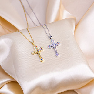Jewelry Women's Cross with Diamond Necklace Niche Design Fashion All-match Pendant Advanced Sense Cross-border Explosion Titanium Steel