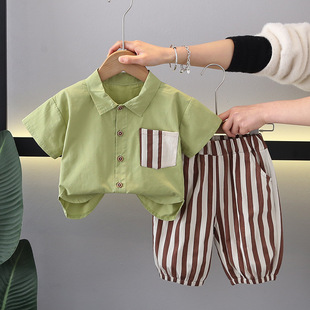 2024 Children's Summer New Boys Lap Shirt Vertical Stripe Pocket Short-sleeved Summer Western Style Two-piece Set
