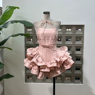 Вьетнамская ниша 25ss новый бант пушистый рыбья кость ультра короткий комикс девушка платье на шнуровке с тыквенными шортами