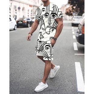 2025 summer cross-border Europe and the United States 3DT shirt short sleeve shorts two-piece sports leisure men's suit