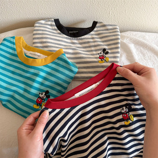 Children's T-shirt 2025 summer new men's and women's children's clothing woven stripe cartoon short-sleeved T baby contrast color collar T-shirt tide