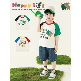 Wulibuyi Boys 2025 Summer New Cartoon Contrast Color Round Neck T-Shirt Loose Casual Cool Children's Top