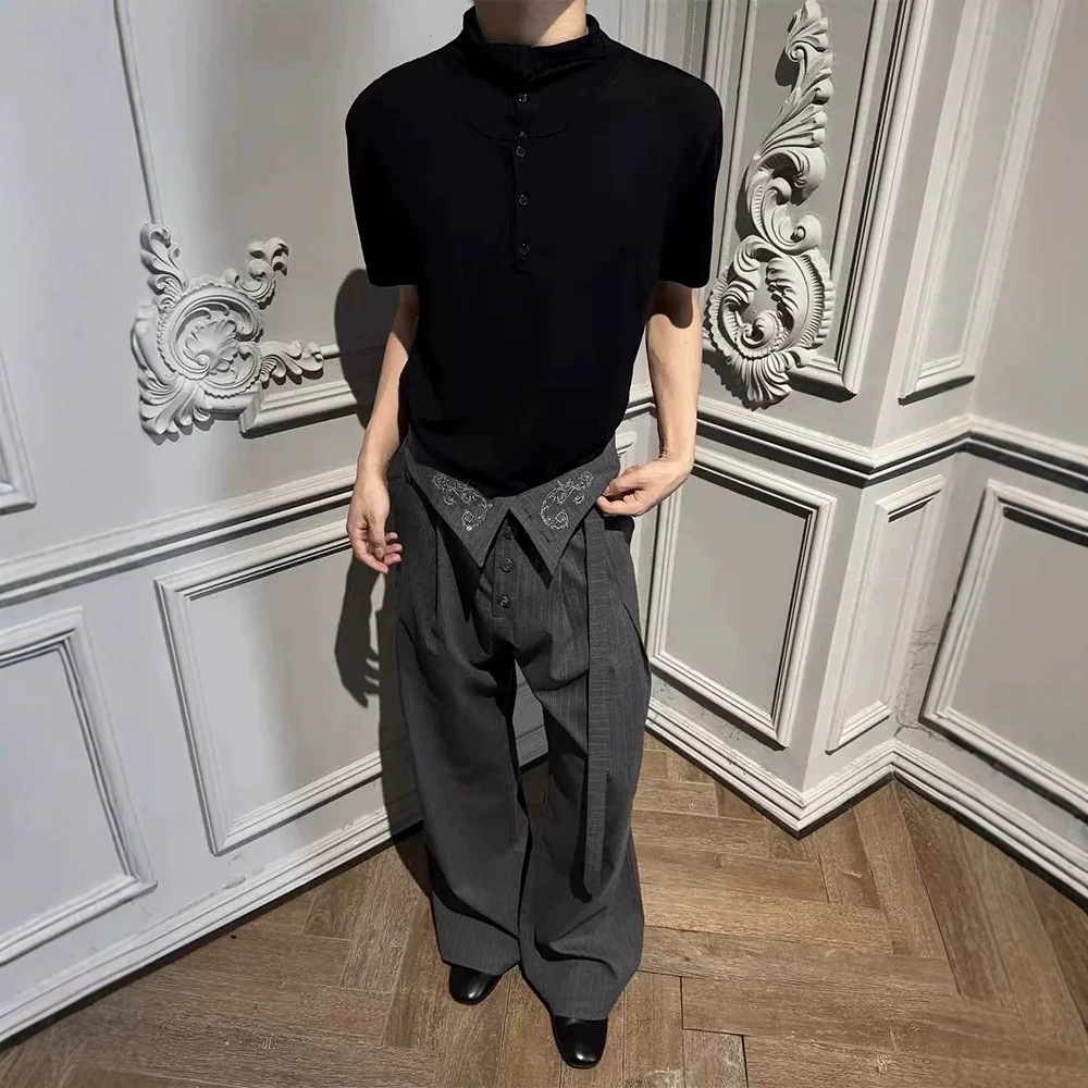 High-Quality "Accumulated Experience" Zen-Style Pleated Embroidered Flared High-Waisted Striped Kendo-Style Trousers A-Line Wide-Leg Pants