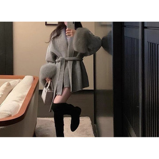 Woolen coat women's winter this year's popular atmosphere feeling leather autumn and winter new double-sided coat long faux fox fur