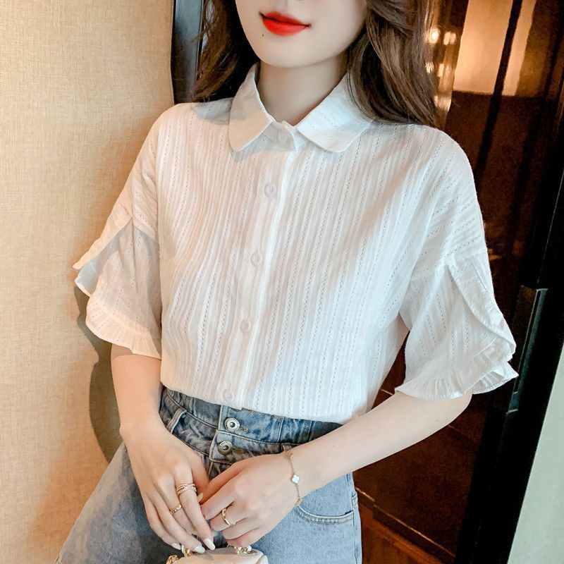 순수 코튼 화이트 셔츠 여성 연꽃 잎 슬리브 2025 여름 새로운 여성의 작은 신선한 느슨한 배꼽 덮는 탑 반팔