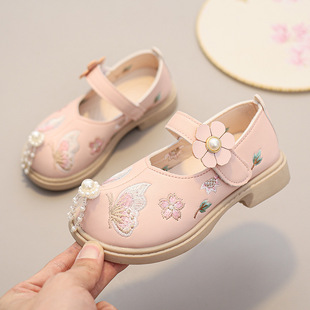 Hanfu Shoes Girls Antique Children's Embroidered Shoes Ancient Princess Soft-soled Small Leather Shoes Performance Embroidered Black Cloth Shoes