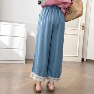 Japanese Style New Lacy Pants Stitching Denim Wide Leg Pants Loose High Waist Casual All-match Cotton Cropped Straight Pants