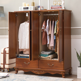 Solid wood wardrobe clothes hanging cabinet four-door bedroom drawer storage simple modern home adult complete wardrobe