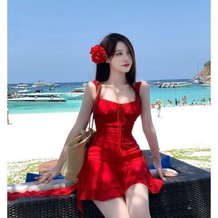 Swimsuit women's red solid color one-piece skirt slim meat-covered conservative high-end hot spring holiday swimwear wholesale