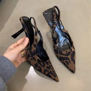 Sexy Yujie Leopard Print Pointed High Heels Women's 2024 Summer New Arrival French Style Temperament Thin Heel Toe Sandals