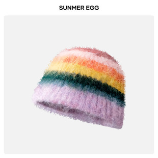 Gradient new striped knitted hat women's autumn and winter warm Joker casual ear protection face small wool hat wholesale