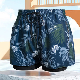 2024 New Men's Swimming Trunks Double-layer Large Size Men's Swimsuit Beach Vacation Swimming Trunks Loose Printed Swimming Trunks