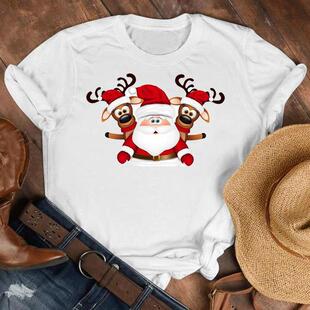 2024 New Christmas Tree Gift Girl Cartoon Print Loose Casual Round Neck Short Sleeve White Women's T-Shirt Women
