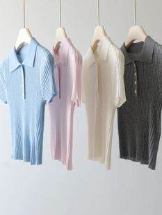 POLO Collar Slim-fit Short-sleeved Knitted Sweater Women's Summer Thin Pullover Inner Wearing Outer Wearing Short T-shirt Base Top Blue