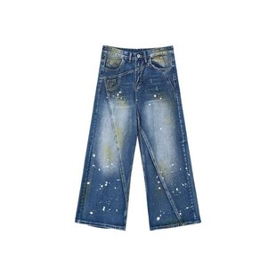 Chinese American Style Old Street Dirty Dye Splash Ink Straight Jeans Deconstructed Wide Leg Pants Teenagers Daily Low Waist