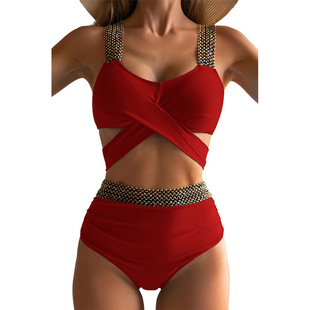 New European and American Cross-border Bikini Split Tight Swimsuit Women Sexy Cross Backless Solid Color Amazon Swimsuit Women
