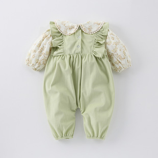 ins2025 spring baby jumpsuit western-style baby girl corduroy printed stitching long sleeve khaki climbing suit