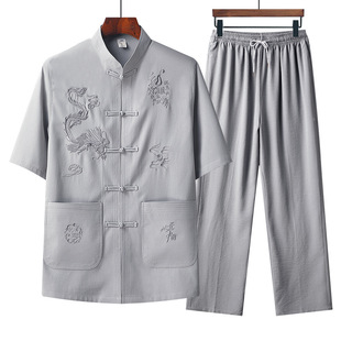Embroidered Dragon Men's Short-sleeved Summer Chinese-style Middle-aged Dad's Loose Pan-top suit Clothes Loose Hanfu