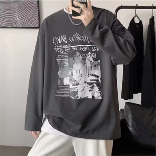 American retro long-sleeved T-shirt boys autumn and winter 2023 new T-shirt fashion brand trendy loose top clothes 300kg