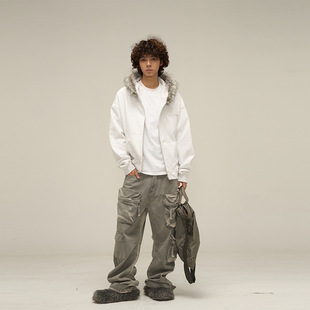 American Style Retro Wool Collar Couple Hooded Zipper Cardigan Sweater Autumn and Winter Men's Fashionable High-end Sense Jacket